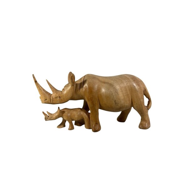VTG Hand Carved Solid Wood African Rhinoceros & Baby Figurine Sculpture 4”x7.5" - Picture 6 of 12